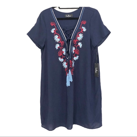 Lulu’s Lace Up Embroidered Shift Dress NEW! - Picture 2 of 12